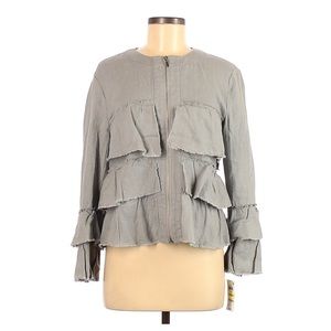 Grey linen zip-up jacket with ruffle detail